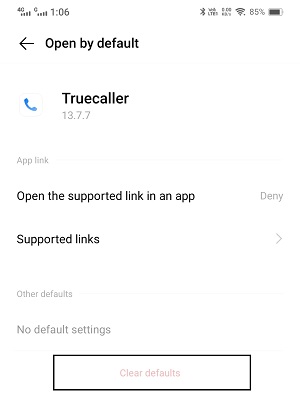 screenshot of truecaller Clear default settings