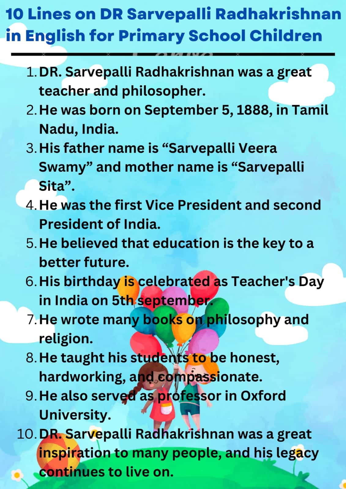 10 Lines on DR Sarvepalli Radhakrishnan in English for Primary School Children