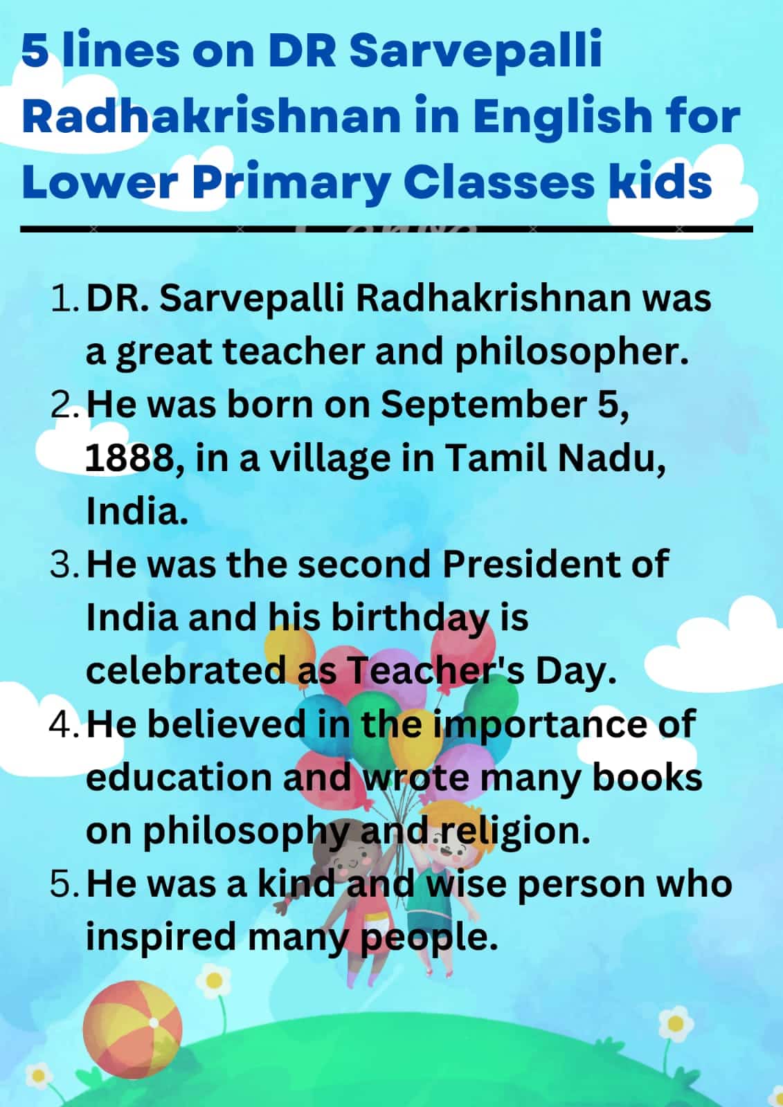 5 lines on DR Sarvepalli Radhakrishnan in English for Lower Primary Classes kids